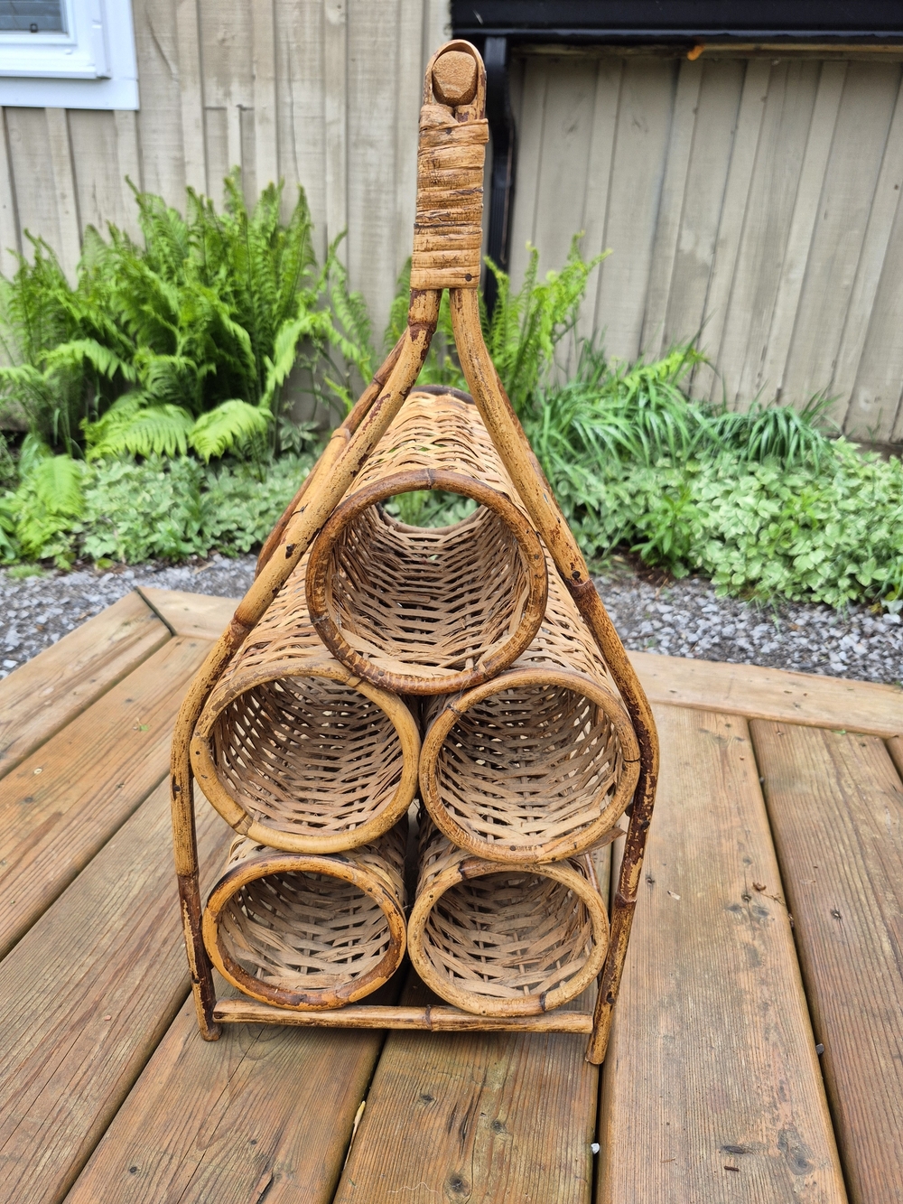 Rustic Boho Vintage Rattan Wicker Wine Rack - Excellent Condition
